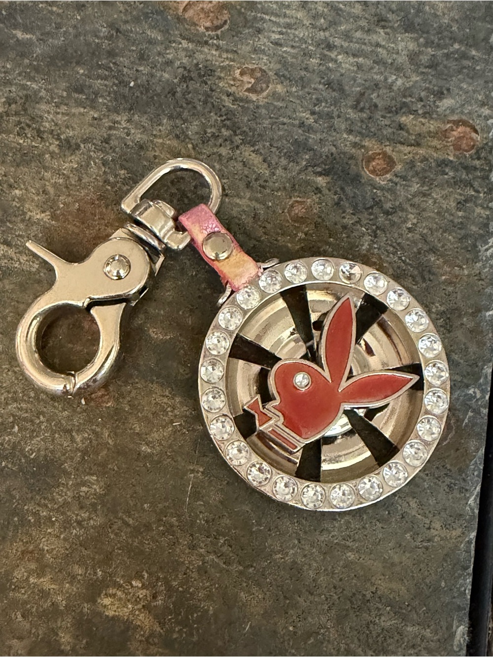 PLAYBOY Rare Vintage Rhinestone Bling Spinner Bunny Keychain Purse Bag Charm